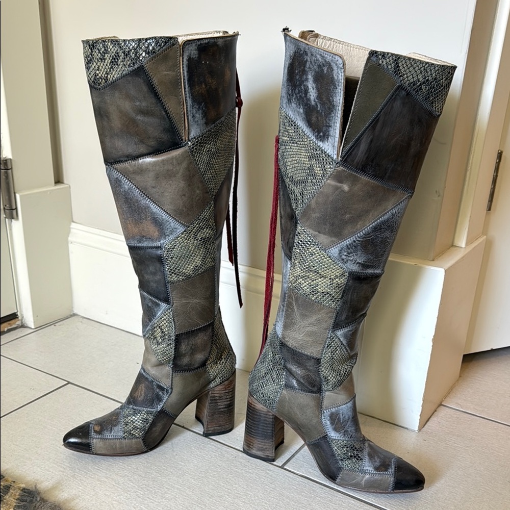 Freebird Black and Gray Over the Knee Boots with Patchwork Design - brand new!